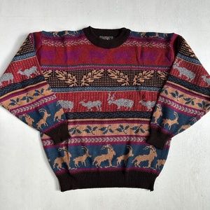 Vintage Animal Pattern Knit Crew Neck Jumper Sweater